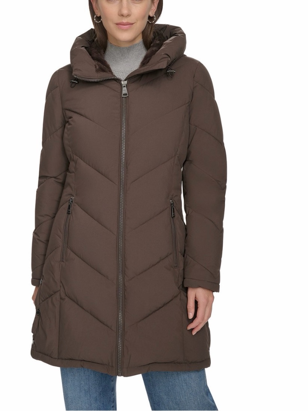 Calvin Klein Women's Brown Quilted Hooded Puffer Coat